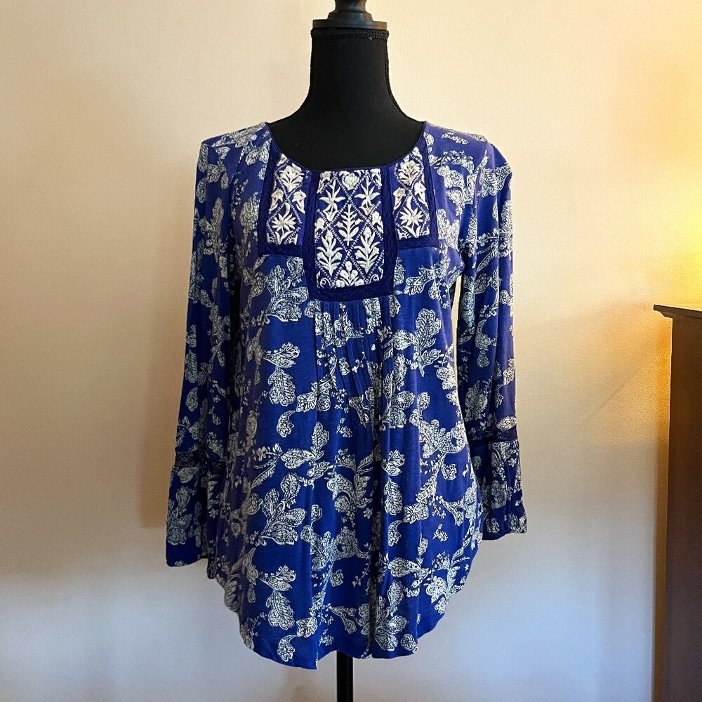 Lucky Brand Indigo Peasant Shirt with Beautiful Embroidery